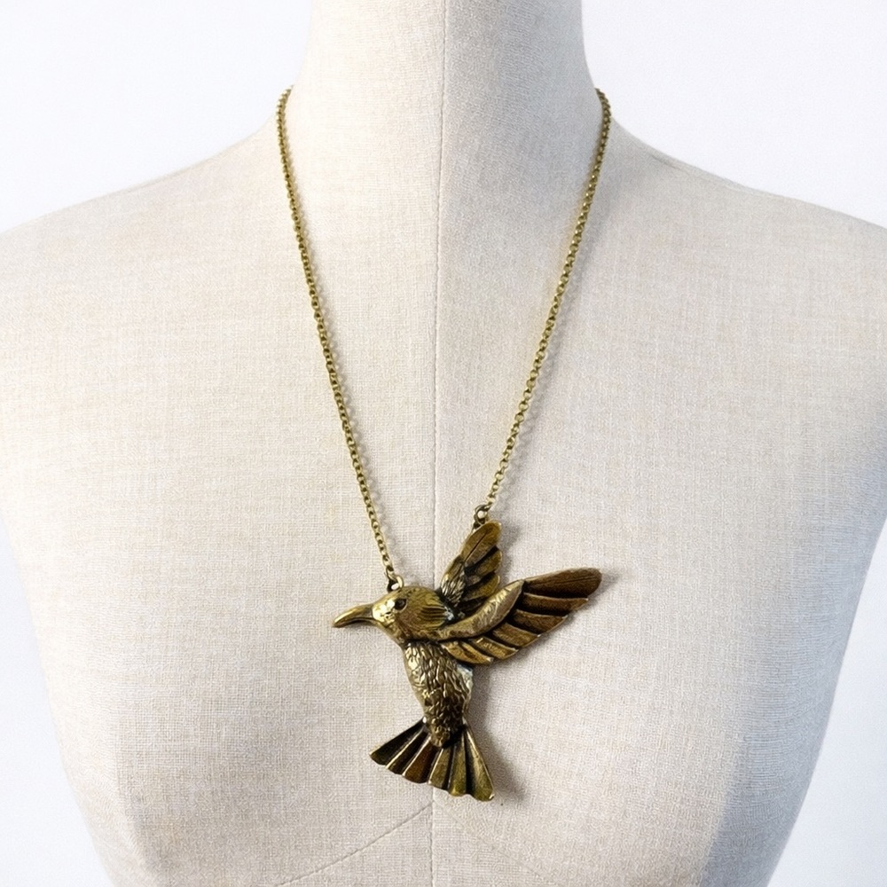 Gold Hummingbird Pendant Necklace Boho Cottagecore Statement Bird Jewelry Cute